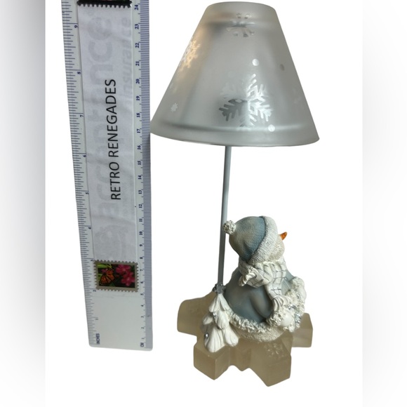 Snowmen Tea Light Votive Lamp Glass Snowflake Shade Blue White Christmas Vtg - Picture 6 of 8